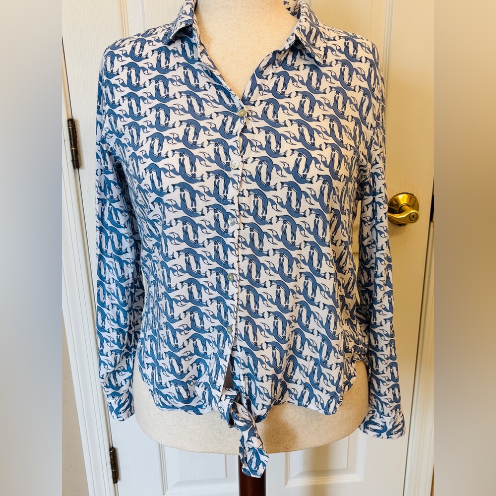Jane and Delancey Fox Pattern Button Down Shirt w Tie Front Women’s Large